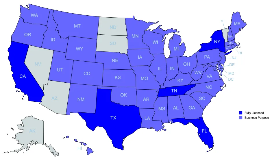 Map of states where LuxeRates, LLC is licensed: California, Florida, New York, Tennessee and Texas